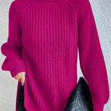 Turtleneck Rib-Knit Slit Sweater - Deep Rose