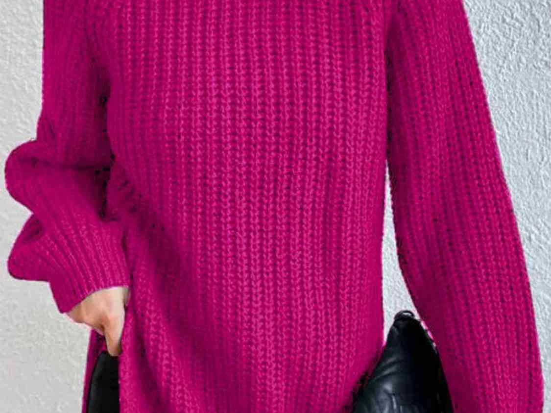 Turtleneck Rib-Knit Slit Sweater - Deep Rose