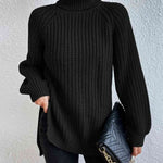 Turtleneck Rib-Knit Slit Sweater - Black