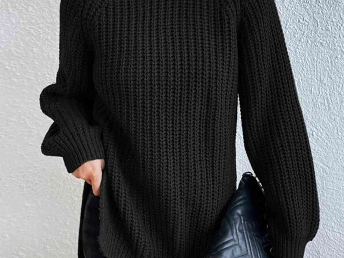 Turtleneck Rib-Knit Slit Sweater - Black