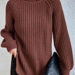 Turtleneck Rib-Knit Slit Sweater - Burnt  Umber