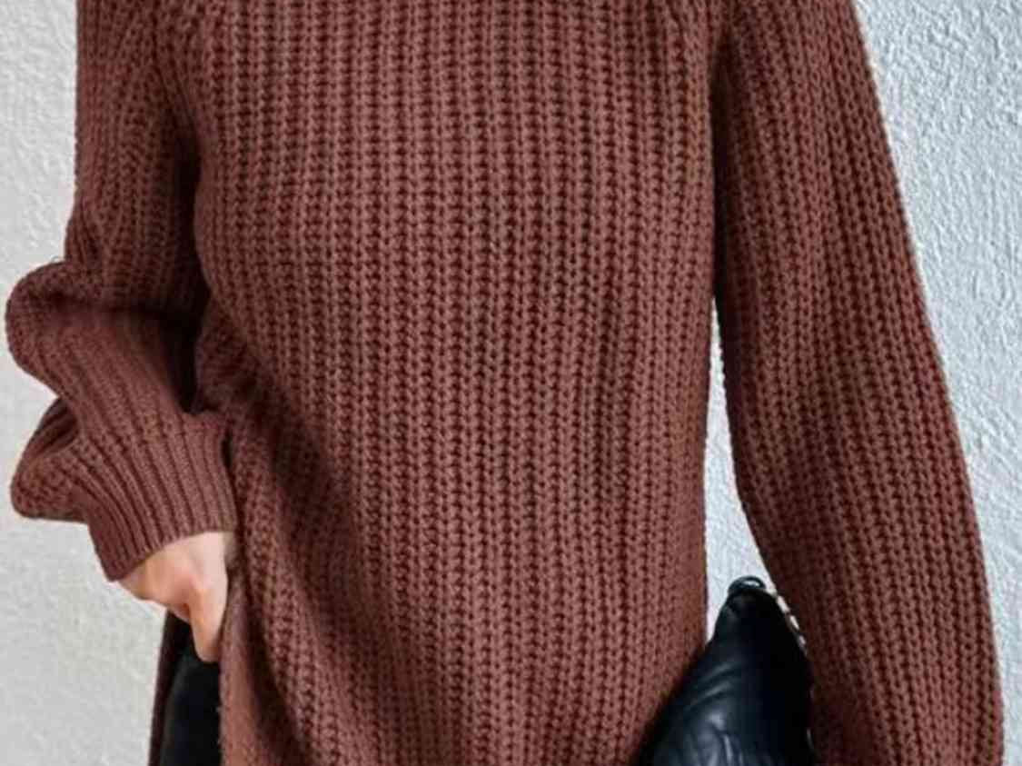 Turtleneck Rib-Knit Slit Sweater - Burnt  Umber