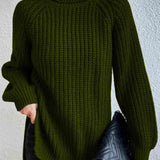 Turtleneck Rib-Knit Slit Sweater - Army Green