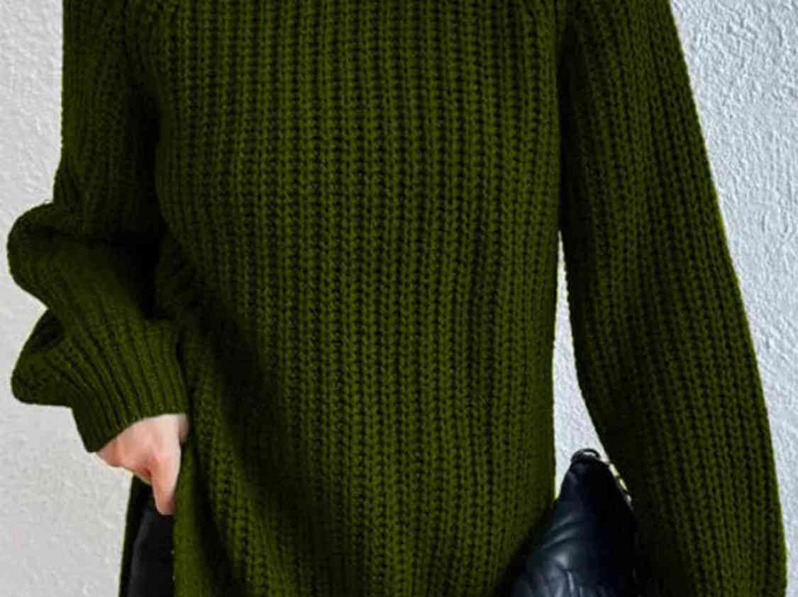 Turtleneck Rib-Knit Slit Sweater - Army Green