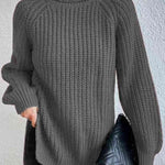 Turtleneck Rib-Knit Slit Sweater - Charcoal