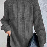 Turtleneck Rib-Knit Slit Sweater - Charcoal