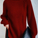 Turtleneck Rib-Knit Slit Sweater - Wine