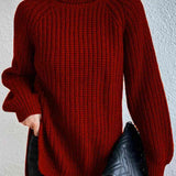 Turtleneck Rib-Knit Slit Sweater - Wine