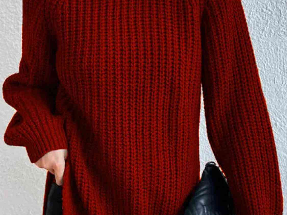 Turtleneck Rib-Knit Slit Sweater - Wine