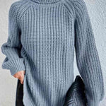 Turtleneck Rib-Knit Slit Sweater - Misty  Blue