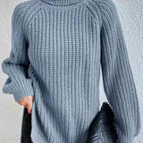 Turtleneck Rib-Knit Slit Sweater - Misty  Blue