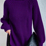 Turtleneck Rib-Knit Slit Sweater - Violet