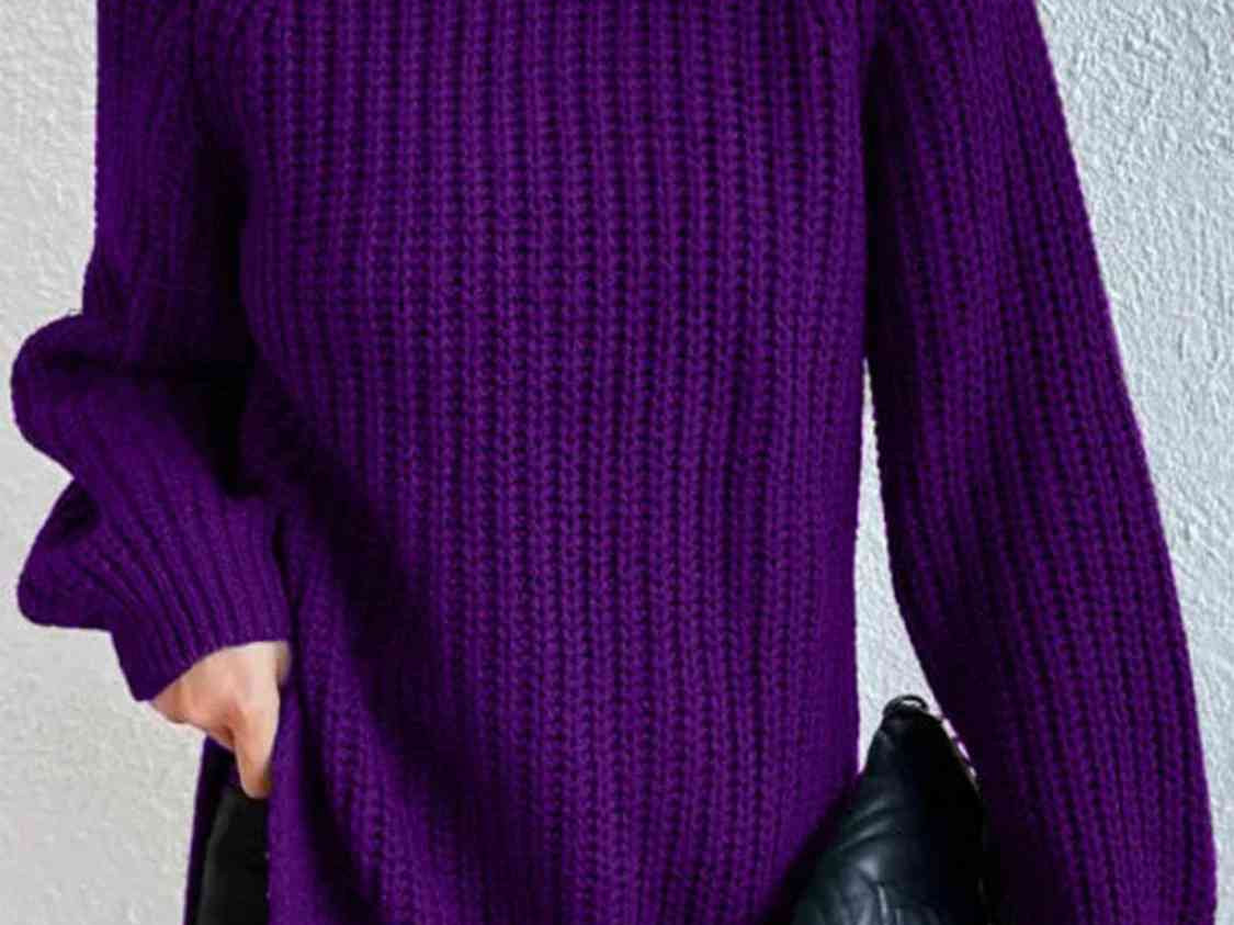 Turtleneck Rib-Knit Slit Sweater - Violet