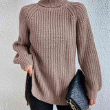 Turtleneck Rib-Knit Slit Sweater - Khaki