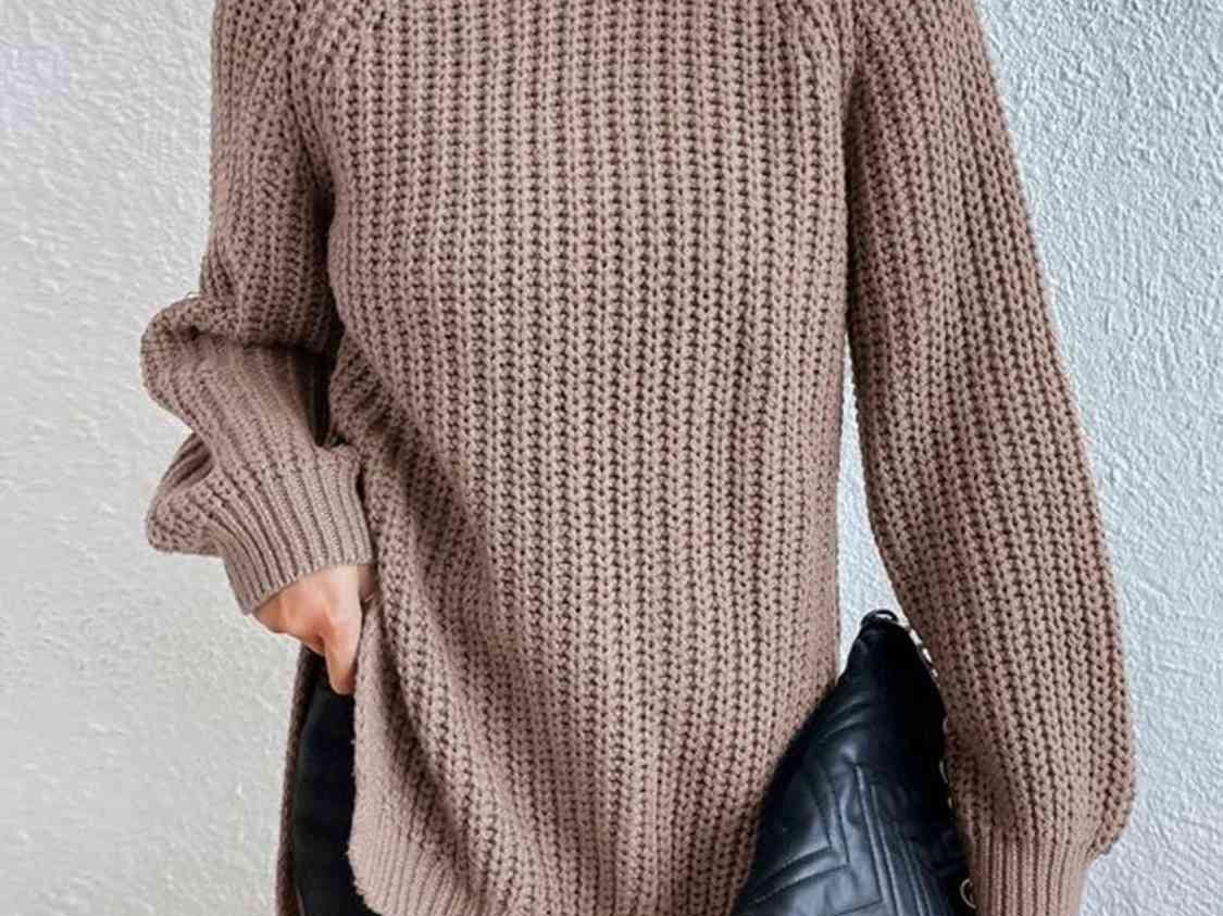 Turtleneck Rib-Knit Slit Sweater - Khaki