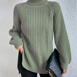 Turtleneck Rib-Knit Slit Sweater - Sage