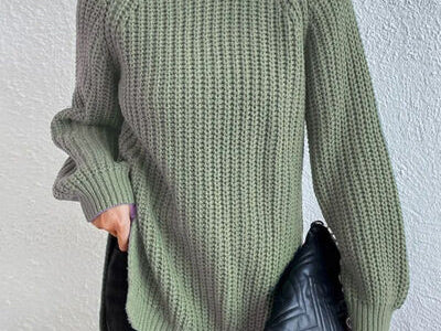 Turtleneck Rib-Knit Slit Sweater - Sage