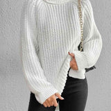 Turtleneck Rib-Knit Slit Sweater - White