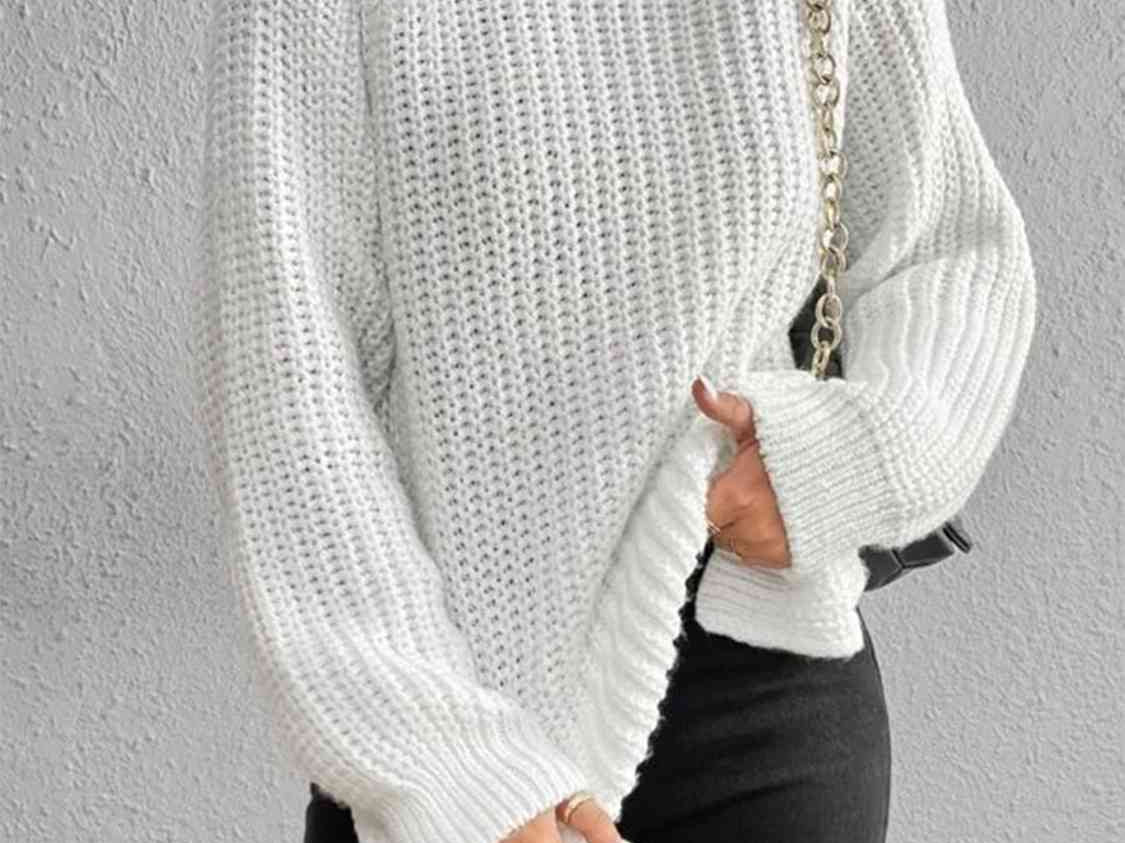 Turtleneck Rib-Knit Slit Sweater - White